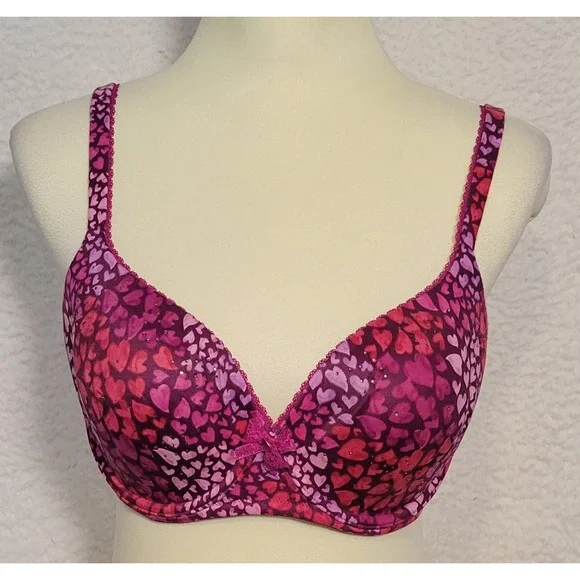 Victorias Secret Underwire Bra Pink Purple Hearts Size 36D Rhinestone Lined 1159 - Picture 1 of 6